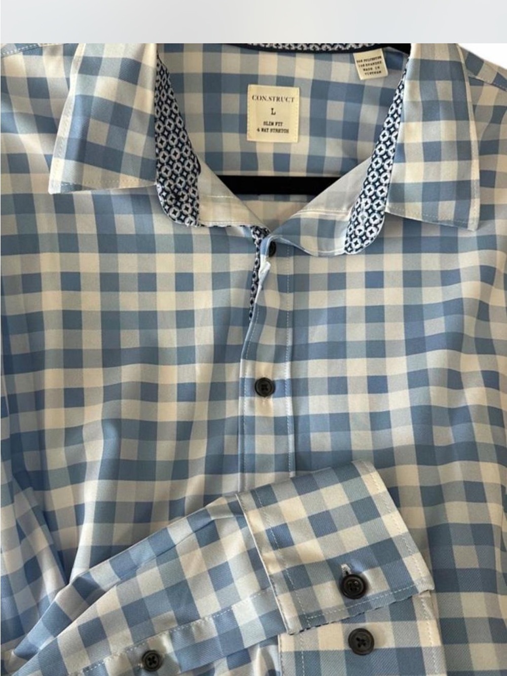 NWT Men's Blue Gingham Dress Shirt with Patterned Trim Detail - Size Large - Picture 4 of 6